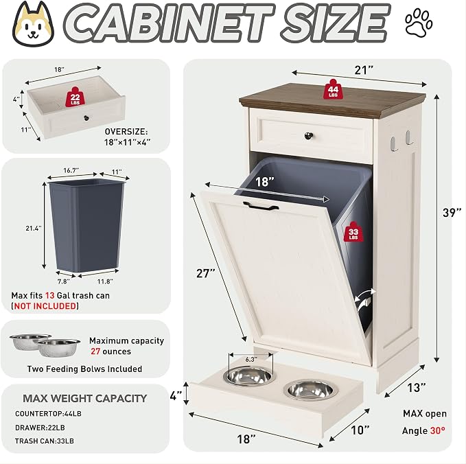 FIMELLO Dog Feeding Station, Tilt-Out Dog Food Storage Cabinet with Drawer,Pet Feeder Cabinet,White Grain