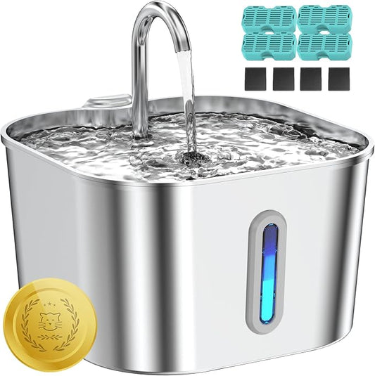 Lawfery Cat Water Fountain Stainless Steel, 74oz/2.2L Automatic Cat Drinking Fountain with 4 Filters & 4 Sponges, Pet Water Dispenser with Quiet Pump, Suitable for Cats, Dogs and Multi-pet households