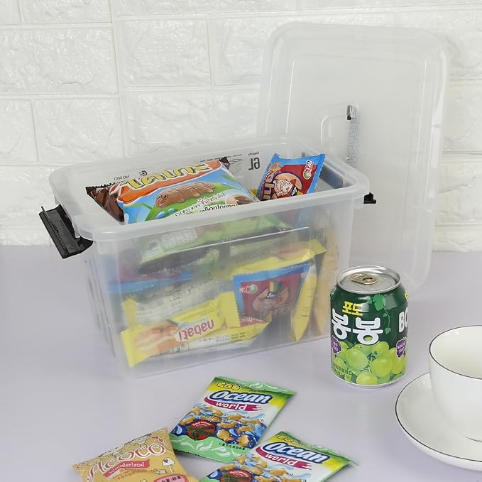 Ggbin 6 Quart Clear Latch Storage Box with Black Handle and Latch - 4 Pack | Lidded Storage Container Bin For Home Office, Stackable