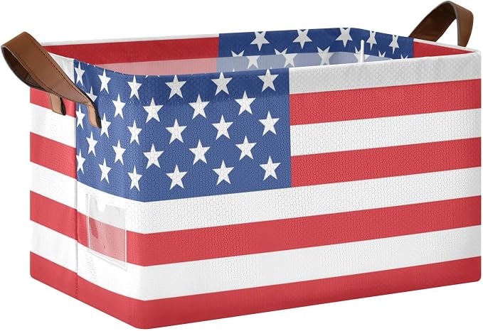 Red White and Blue American Flag Storage Basket Foldable Cube Storage Bins with Handles&Label Waterproof Collapsible Organizer Box Bin Large Rectangle Decorative Baskets for Shelves Home Room Laundry