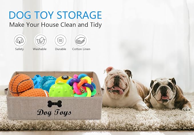 Morezi Linen-cotton blend dog toy basket and dog toy box, dog toy basket storage - Perfect for organizing pet toys, blankets, leashes, chew toys - Khaki Stripe - Dog