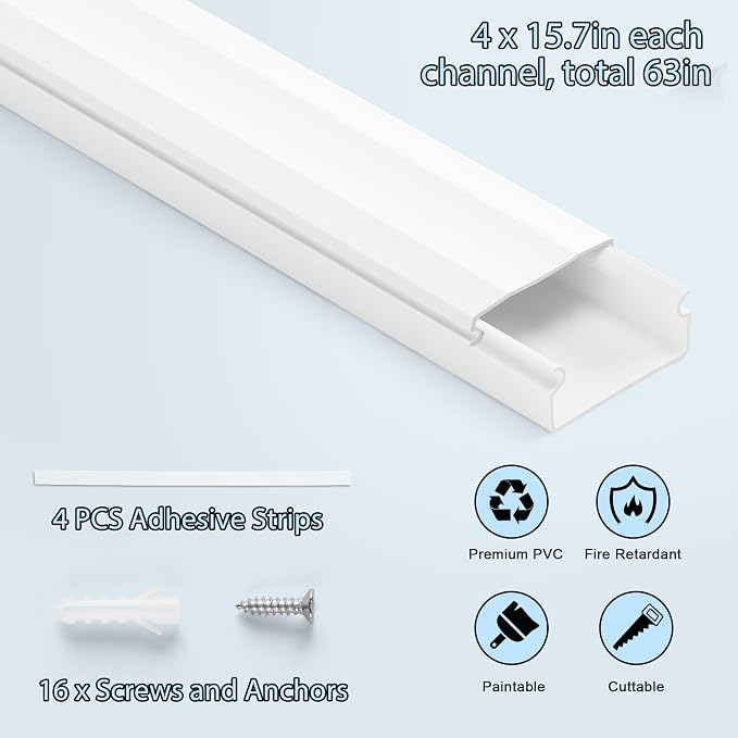 Cord Covers - 63in Paintable TV Cable Hider Kit, X-Large Cord Management System for Walls