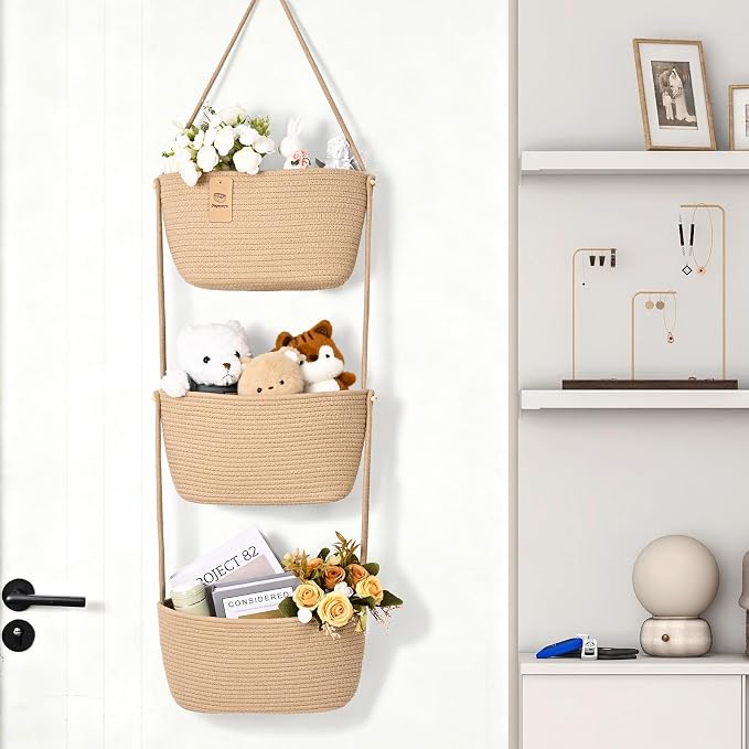 Hanging Basket, 3-Tier Woven Wall Basket with 4 Hooks, Cotton Rope Storage Baskets, Over the Door Organizer for Nursery, Bedroom, Cottage and Boho Wall Decor