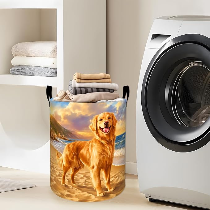Golden Retriever Laundry Basket, Pet Dog Beach Ocean Storage Hamper, Round Collapsible Waterproof Cloth Bin, 19.7x15.7 Inch Realistic Puppy Clothes Organizer Gifts for Bathroom Decor