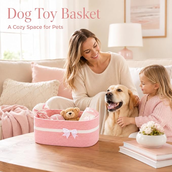 OIAHOMY Large Woven Storage Basket with Handles for Nursery Living Room Shelves, Bow Basket for Gifts Empty with Gift Bags and Ribbons for Baby Showers Pet Toy Bin - Pink, 19L