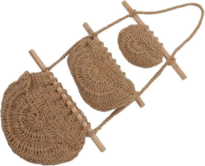 3 Tier Hanging Fruit Basket, Wall Mounted Hemp Rope and Wood Organizer, Handcrafted Over The Door Storage for Toys Pet Plush Dolls Kitchen Bathroom Decor