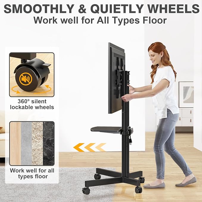 Rolling TV Stand with Power Outlet for 32-75 Inch TVs up to 88 lbs | Portable TV Stand on Wheels and Height Adjustment, Outdoor TV Stand with Shelf for Bedroom, Office, Max VESA 400x400mm