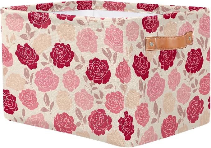 Pardick Roses Pink Flower Basket Storage Bins Large Fabric Toys Storage Cube Box with Handles Collapsible Closet Shelf Cloth Organizer Basket for Nursery Bedroom Bathroom Holiday Gift