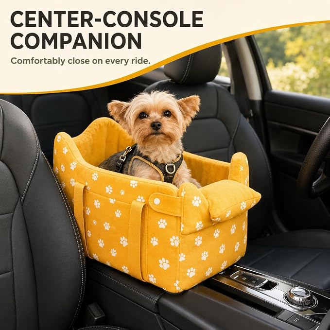 Small Dog Car Seat for Center Console, Yellow | Portable Puppy Armrest Booster for Dogs 5-15 lbs, Anti-Collapse Support with Washable Fluffy Cushion