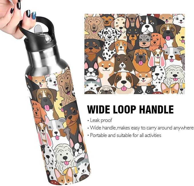 Cute Dog Animal Water Bottle with Straw Lid Kids Insulated Stainless Steel Water Flask Sports, 20 Oz Hot Cold