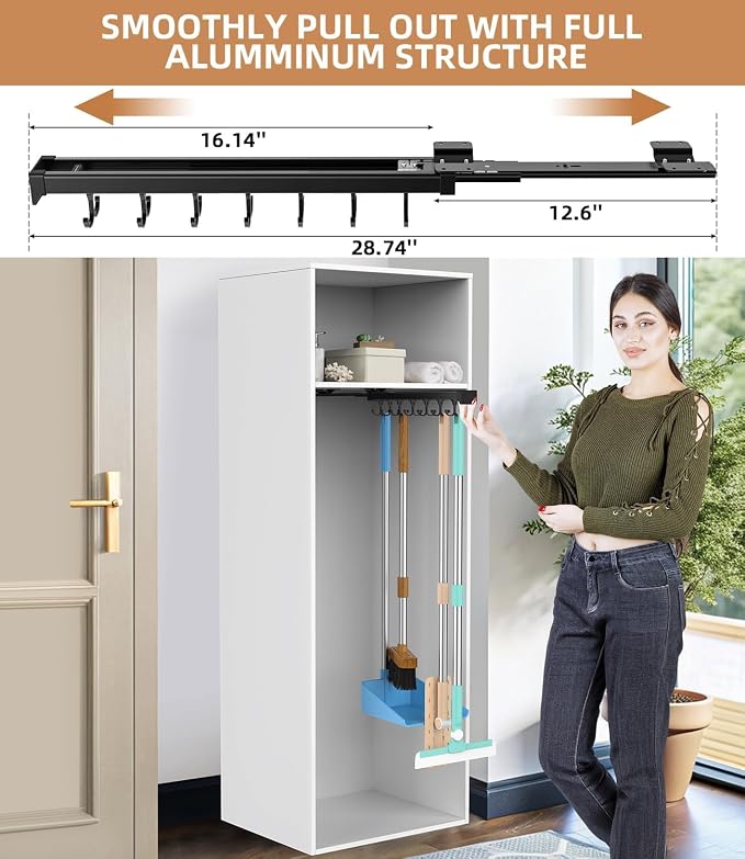 Pull Out Broom Holder With Adjustable Double Row Sliding Hook-Black 16.14in | High Load Capacity, Multifunctional Slide Broom And Mop Storage/Garage Organization Hooks, for Closet Laundry, kitchens