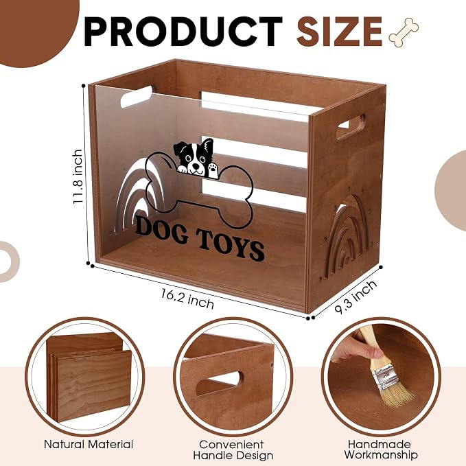 Beeveer Large Dog Toy Basket Dog Toy Box Wooden Storage Bin with Acrylic Board Storage Box for Puppy Toys Pet Food and Accessories Organizer Holder Basket for Living Room Area(Brown, Dog)