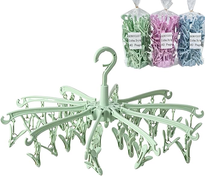 Clothes Sock Drying Hanger with 40 Clips,Foldable Hanging Rack | for Drying Socks Lingerie Baby Clothes Drying Towels Rotatable Sock Drying Rack with 40 Pegs Clips(Green)
