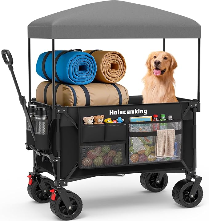 Collapsible Canopy Wagon Cart, Heavy Duty Utility Wagon with Removable Sun Cover, All-Terrain Big Wheels, Dual Brakes, Extra Large Grocery Cart for Beach Camping Sports Tailgates, Black