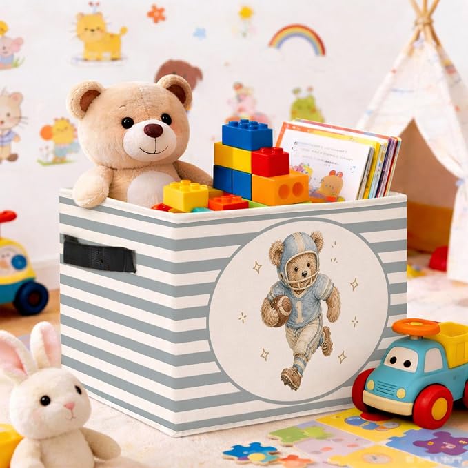 Football Teddy Bear Blue Gray Stripe Foldable Fabric Storage Bin | Football teddy bear stripe design; foldable fabric storage bin for kids room, nursery, playroom.