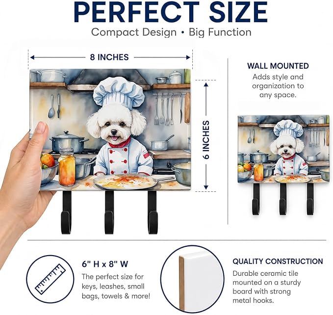 Caroline's Treasures Bichon Frise The Chef Leash or Key Holder Wall Hooks, Key Hooks Holder, Coat Rack Wall Mount, Coat Hooks, Hooks for Hanging Keys, Towels, Aprons, Leashes | Bichon Frise The Chef artwork on ceramic tile with three steel hooks for ke...