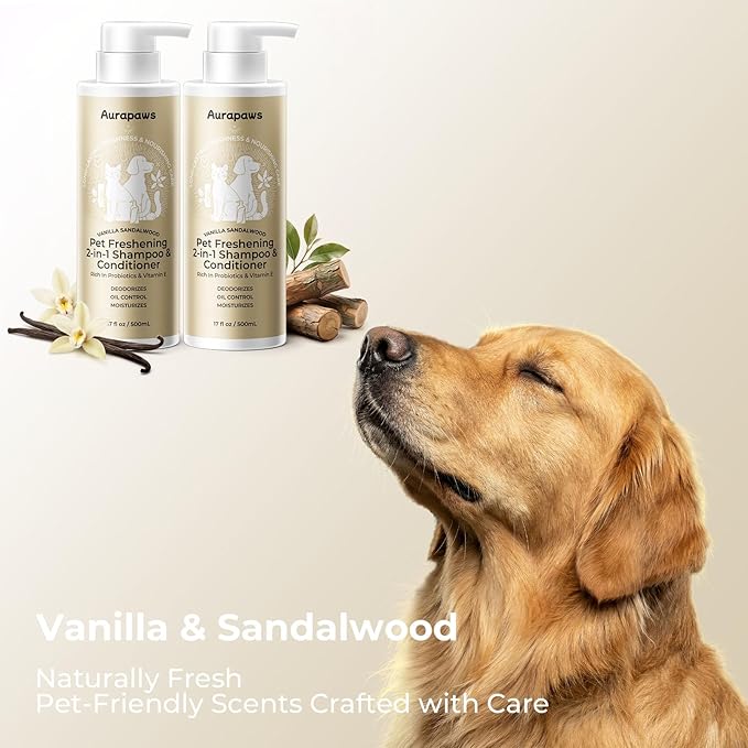 2-in-1 Dog Shampoo and Conditioner, Probiotic Pet Shampoo for Odor & Oil Control, Clean Formula with Panthenol & Ceramide NP for Dogs & Cats, Vanilla Sandalwood Scent, 17oz, 2-Pack