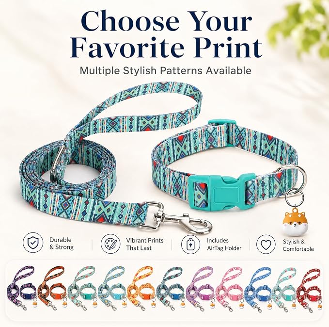 Matching Dog Collar and Leash Set with AirTag Holder-Maya/S | Anti-Lost,Adjustable Durable Pet Collar Leash Combo for Small Boy Girl Dogs,Outdoor Walking Hiking Training Running