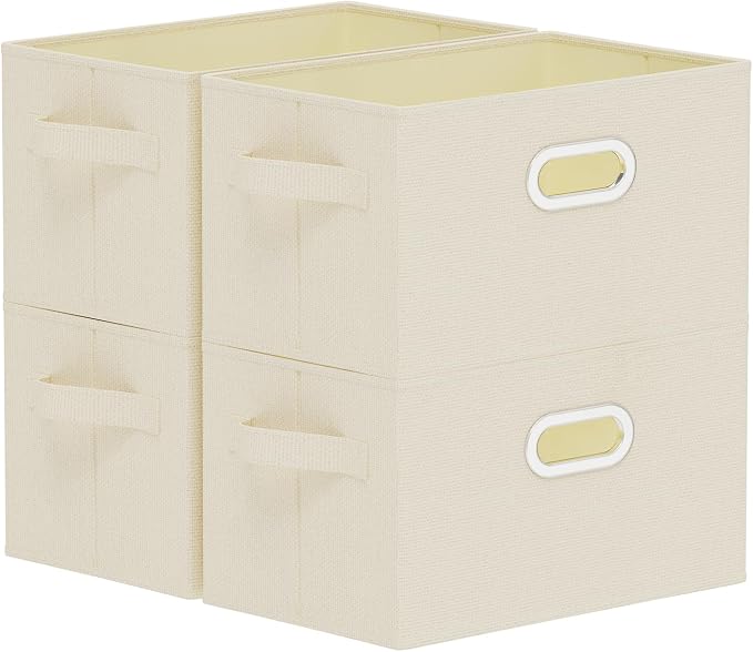 Collapsible Open Storage Baskets,13x9.1x7.9in,Beige,4 Pack | Storage Bins with Metal Handles,Rigid PP Panel Organizer Boxes for Organizing Home,Wipeable Garment Basket Cube for Wardrobe