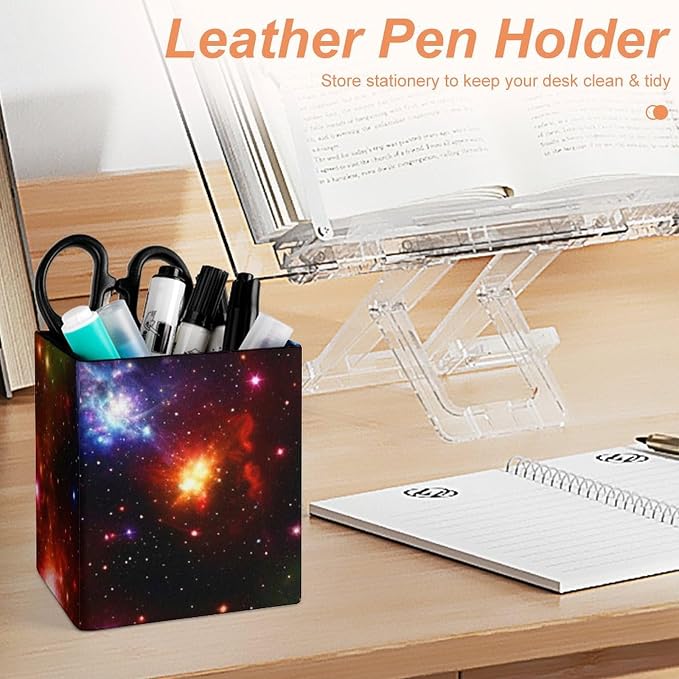 Pen Pencil Holder for Desktop, Pu Leather Stationery Organizer Colorful Rainbow Galaxy Square Pencil Cup Office Accessories Container Box