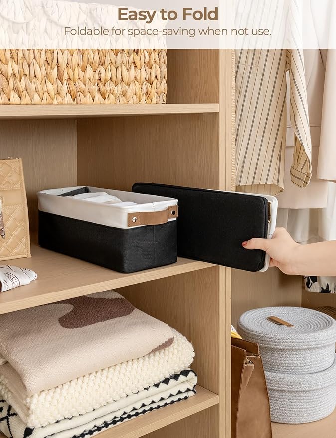 StorageWorks Narrow Storage Bins, Small Basket, Black and White, 2-Pack | With Metal Frame, Sturdy Structure, PU Handles, Toilet Paper Storage, Long Storage Bins for Bathroom, Closet, Shelf