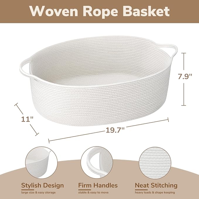 Goodpick Large Woven Rope Basket for Gifts Empty, 19.7"x 11"x 7.9", White | Storage Basket with Handles for Nursery Living Room, Perfect for Blankets, Pillows & Towels, Toys Storage