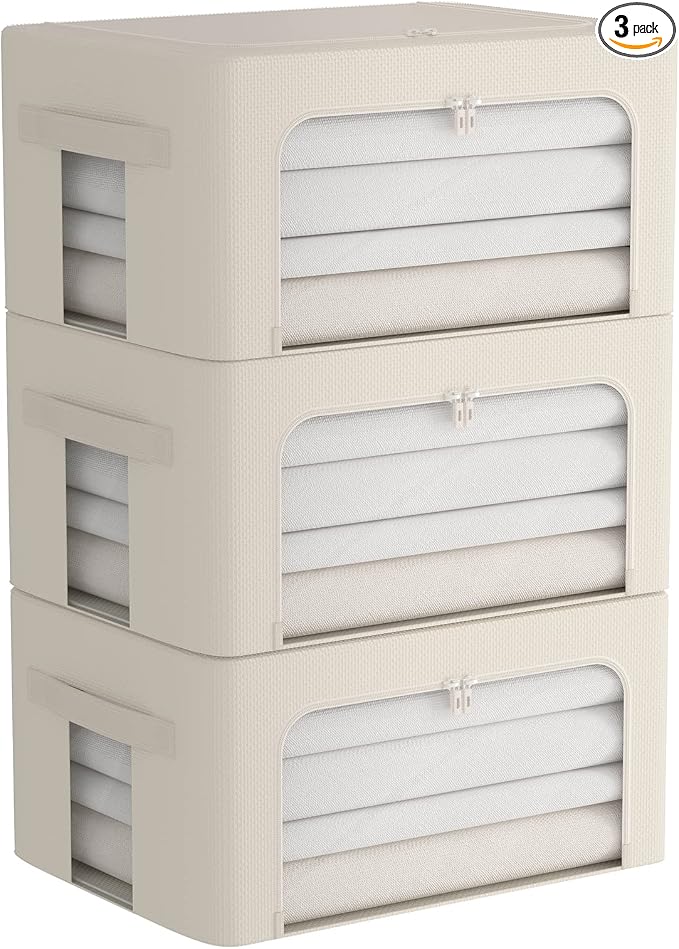 CYhom 3Pack Frame Storage Box - Clothes Storage Bin Bags Oxford Fabric Foldable Stackable Container Organizer Set with Clear Window & Carry Handles (Beige, Medium-44L)