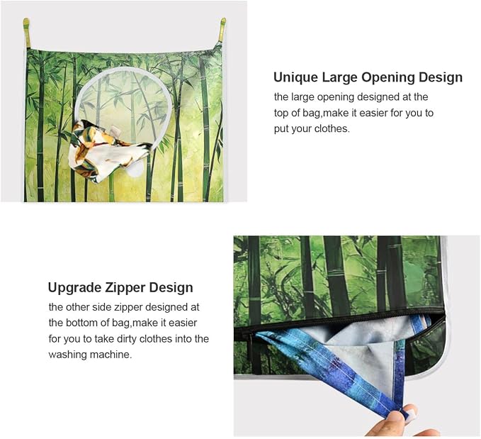 1PC Hanging Laundry Hamper Bag Over the Door Laundry Hamper Wall Hamper Large Dirty Clothes Hamper with Stainless Steel Hooks 29.5x20Inch Green Bamboo Forest Silhouette Sunset