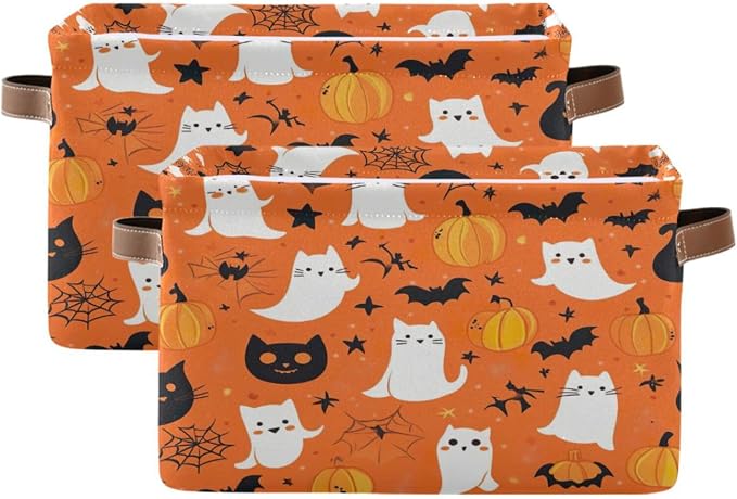 Kigai Storage Basket, Fabric Collapsible Closet Organizer Bin | Halloween Boo Waterproof Foldable Canvas Basket with Handles for Shelves, Nursery, Closet, Bedroom & Bathroom