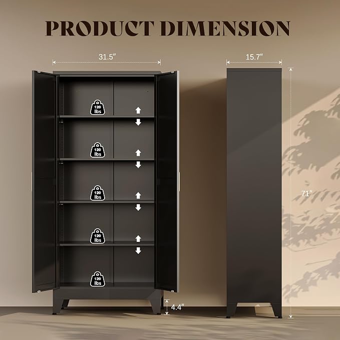 71" H Metal Garage Storage Cabinets,Black Storage Cabinets,Broom Closet Storage Cabinet,Utility Cabinet,