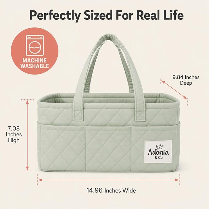 Adonia & Co Diaper Caddy Organizer – Baby Essentials Organizer, Large Nursery Storage Basket with Removable Divider, 8 Exterior Pockets, Portable, Machine Washable, Structured Design, Sage Green
