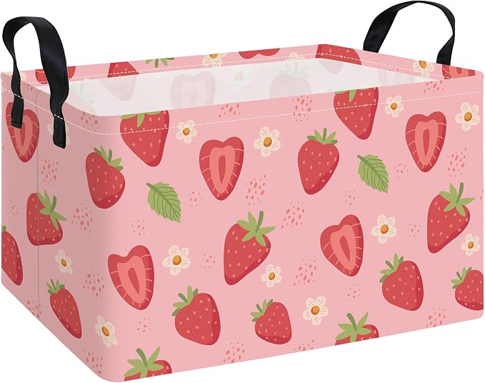 Rectangular Collapsible Storage Basket Toy Organizer Flower Strawberry | Storage Bin Foldable Canvas with Handles for Organizing Home Kitchen Children Toys Office Closet Shelf Baskets
