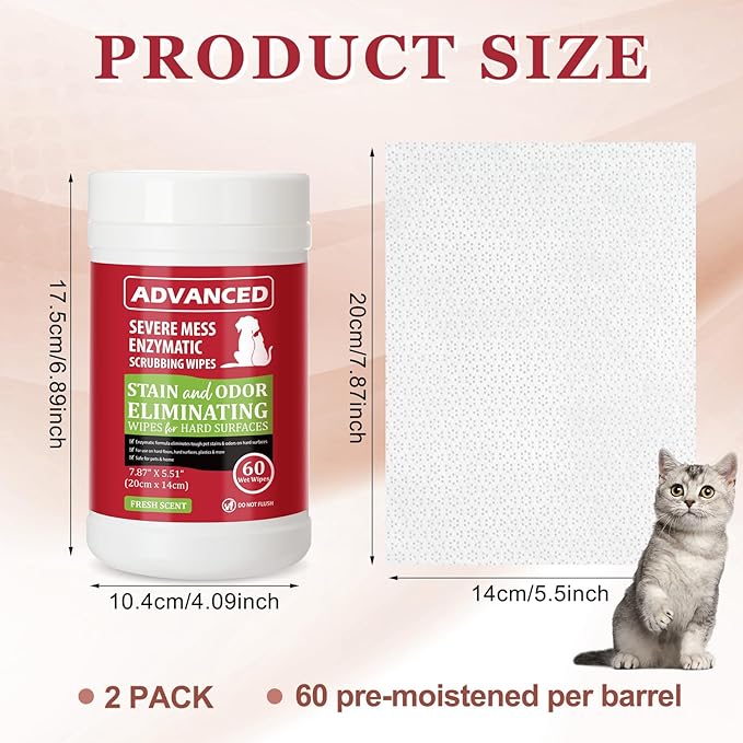 2 Pack Dog Cat Stain Cleaning Wipes 120 Count Pet Odor Eliminating Wipes Litter Box Remover Scented Cleaner for Pet Messes Urine Feces