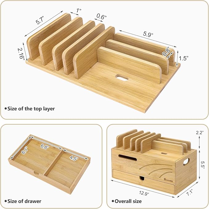 Homde Bamboo Charging Station Organizer: Charger Rack for Multiple Devices | Cable Cord Management Box with 6 Compartments and Drawer - Electronic Docking Stand for Chargers Phones Tablets (Natural)