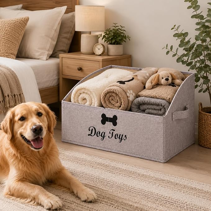 Geyecete Foldable Fabric Trapezoid Organizer Boxes - Collapsible Dog Toy Basket (Light Brown-DOG)