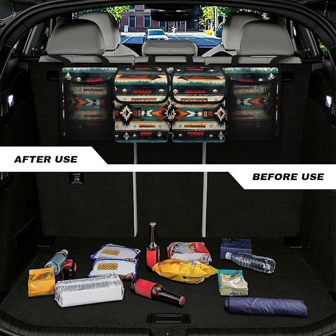 Dreaweet Southwestern Trunk Organizer for Car Navajo Tribal Geometric Trunk Backseat Organizer Large SUV Hanging Storage Bag with 4 Pockets Foldable Car Seat Organizers and Storage for Most Vehicle