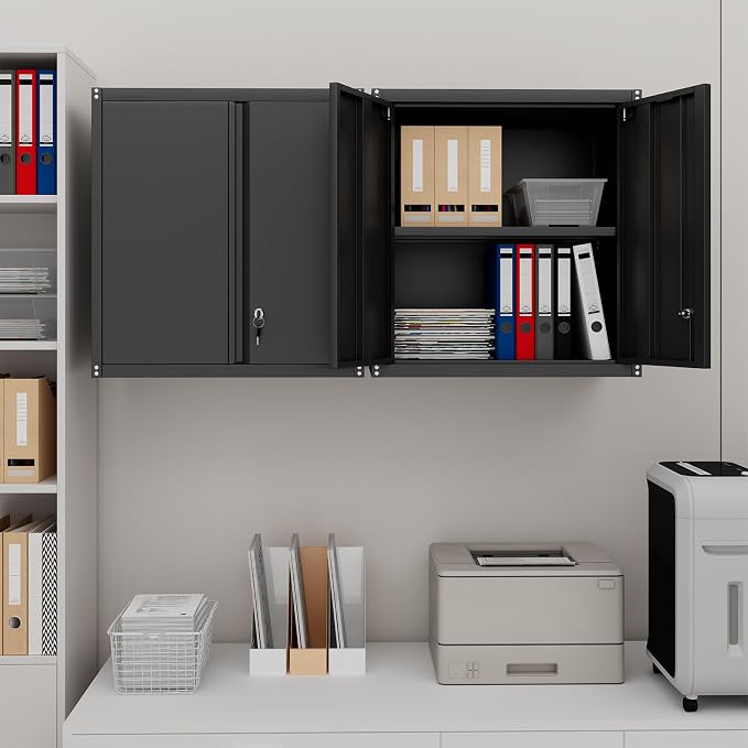 28" H Garage Storage Cabinet, Metal Garage Wall Cabinets with Doors and Shelves, Small Wall Mount Cabinet for Kitchen, Garage, Laundry Room, Pantry, Black