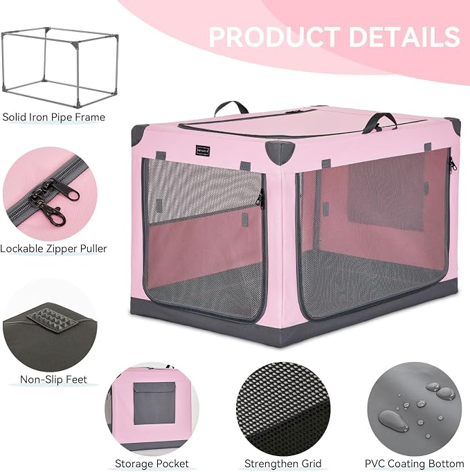 PETSFIT 40" Soft Portable Dog Crate – Patented Spiral Sturdy Frame, Collapsible Travel Kennel for Large Dogs, 3 Mesh Door, Lockable Zippers, Indoor & Car Use Pink
