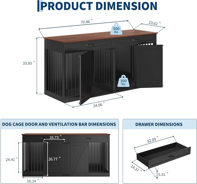 Garvee 71'' Dog Crate Furniture for 2 Dogs, Dog Crate with 2 Drawer, Black | Farmhouse Dog Crate TV Stand with Removable Divider Dog Kennel Furniture, Heavy Duty Dog Cage and TV Stand for Large Medium