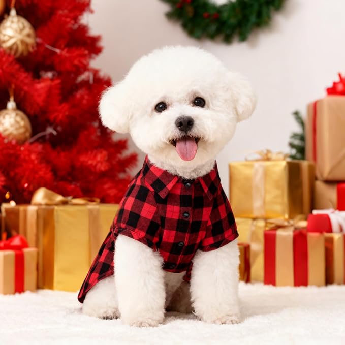 PUPTECK Classic Plaid Dog Shirt, Puppy Polo T-Shirt Clothes, Red S | Soft Cotton Button Up Dog Clothes for Small Medium Dogs Boy Girl, Fashion Pet Tee, Chic Casual Pet Outfit Apparel