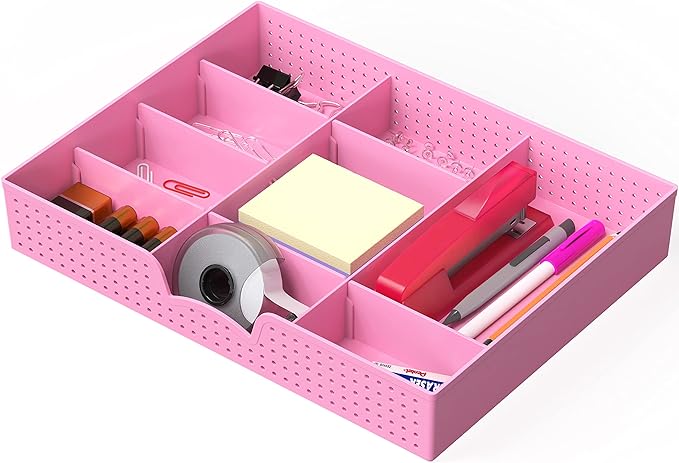 Simple Houseware Drawer Organizer Tray, 9 Adjustable Compartments, Pink | For Office, Makeup, and Craft Drawer or Desktop Storage