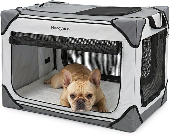 Collapsible Soft Dog Crate 26 Inch, Portable Travel Pet Crate for Small Dogs and Cats with 4-Door Mesh, Puppy Dog Kennel Indoor & Outdoor, Light Grey