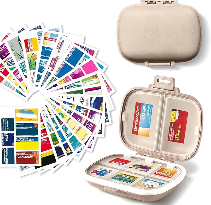 iouwei Pill Organizer with Medicine Labels Travel Daily Pill Container Mini Medication Organizer Storage Pill Organizer Travel Essentials Pill Case 7 Day Pill Organizer (Beige, 161 Lables)