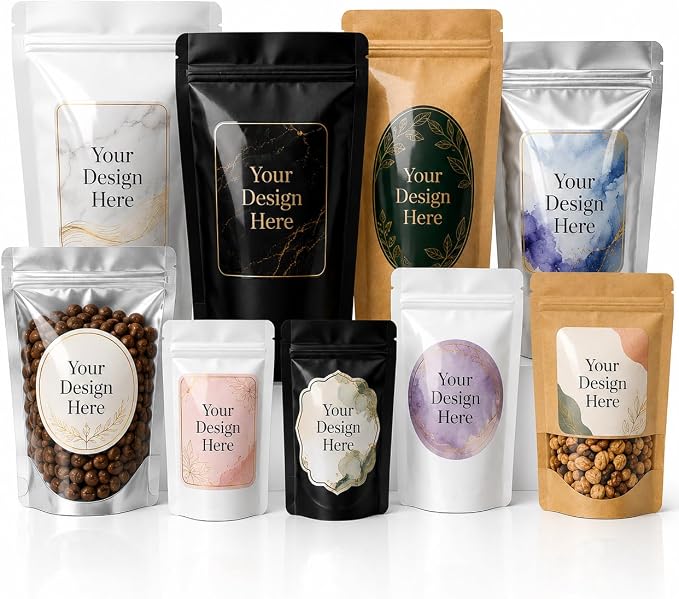 Custom Pouch Labels - Personalized Waterproof Vinyl Stickers for Pouches | Coffee Bags, Food Packaging, Tea, Protein Powder, Pet Treats, Glossy Custom Product Labels