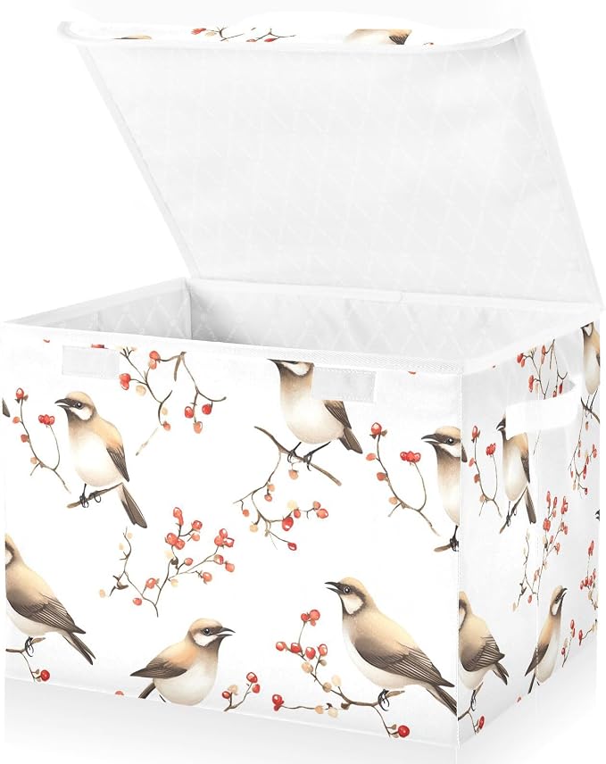 Cartoon Cedar Waxwing Birds White Storage Container Containers For Storage With Lid for Blanket Moving