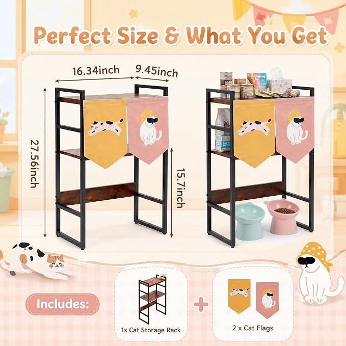 Cat Feeding Station with Storage, 3-Tier Cat Food Organizer Shelf, Elevated Feeding Area Fits Different Bowl Heights, Space Saving Pet Supply Rack with Decorative Flags(Not Include Bowls)