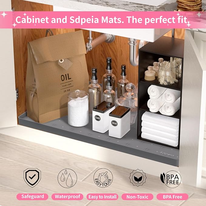 Sdpeia Under Sink Mat 34"×22" Waterproof Silicone Cabinet Liner & Sink Protector for Kitchen & Bathroom, Multi-Purpose Organizers Tray for Pets, Laundry, Cat Litter Mat, Gray