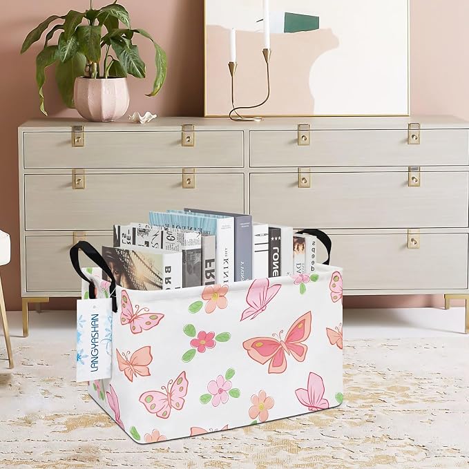 Rectangular Collapsible Pink Butterfly Storage Basket Nursery Organizer | Storage Bin Foldable Canvas with Handles for Organizing Home Kitchen Children Toys Office Closet Shelf Baskets