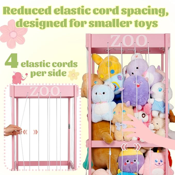 Trycooling Wood Stuffed Animal Zoo Stuffed Animal Storage, Pink | Plushie Storage, Stuffed Animals Zoo Storage Cage with Zoo Pattern Elastic Band for Nursery Play Room Bedroom