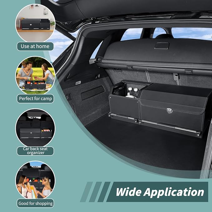 Leather Car Trunk Organizer SUV Trunk Organizer Car Trunk Storage Organizer | Large Trunk Organizer with Lid and Sturdy Handle Car Cargo Storage Box (Black, 36.2 x 11.4 x 12.2in)